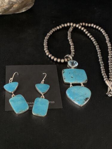 Navajo Blue Topaz Turquoise Necklace Earrings Set | Sterling Silver | 3" Pendant | Authentic Native American Handmade | 14098