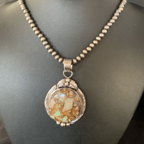 Men's Navajo Boulder Turquoise Pendant Necklace | Sterling Silver | Authentic Native American Handmade | 13658