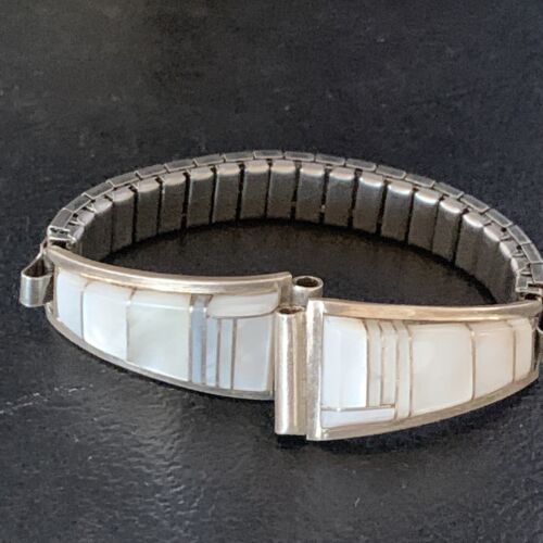 Navajo Sterling Silver Watch Tips with Pink Mother of Pearl Inlay Band | Authentic Native American Jewelry | 13693