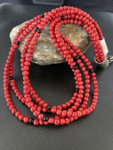 Native American Navajo Red Coral Onyx Necklace | Sterling Silver | 10302