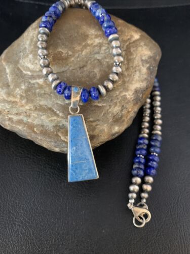 Navajo Blue Denim Lapis Necklace with Inlay Pendant | Sterling Silver | Authentic Native American Handmade | 13490