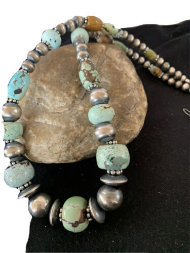 Authentic Native American Navajo Pearls Necklace | Sterling Silver Dry Creek Turquoise Beads | 21" | 01385