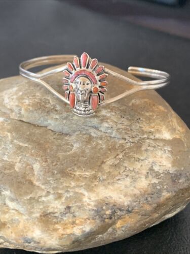 Native American Indian Head Coral Cuff Bracelet | Sterling Silver | Authentic Handmade | 1691