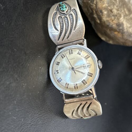 Men's Bear Paw Blue Turquoise Chip Inlay Watch Tips | Navajo Sterling Silver | Authentic Native American Jewelry | 14310