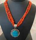Navajo Sterling Silver Coral Bead Necklace | Turquoise Pendant | Multi-Strand 21" | 00766
