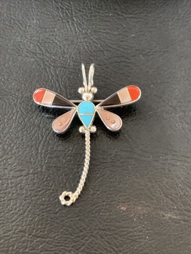 Turquoise & Mother of Pearl Inlay Dragonfly Necklace Pin Pendant | Zuni Sterling Silver | Native American Handmade | 12324