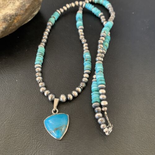 Navajo Pearl Necklace with Blue Kingman Turquoise Pendant | Sterling Silver | Authentic Native American Handmade | 12551
