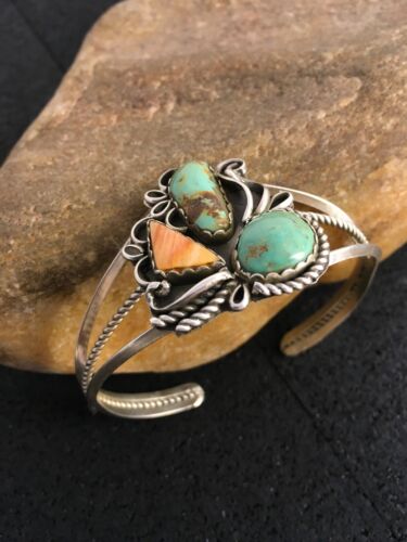 Southwestern Spiny Oyster & Turquoise Bracelet | Navajo Sterling Silver | Authentic Native American Handmade | 8842