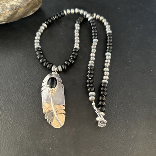 Native American Men's Navajo Pearls Necklace | Sterling Silver Black Onyx Pendant | 14627
