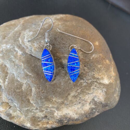 Navajo Blue Opal Inlay Turquoise Earrings | Sterling Silver | Authentic Native American Handmade | 12026