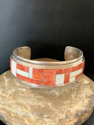 Native American Zuni Red Spiny Oyster Opal Inlay Cuff Bracelet | Sterling Silver | 12096