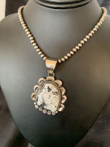 Navajo White Buffalo Turquoise Pendant | Sterling Silver | Authentic Native American Handmade | 11686