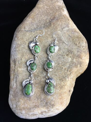 Navajo Green Sonoran Gold Turquoise 3" Dangle Earrings | Sterling Silver | Authentic Native American Handmade | 1732