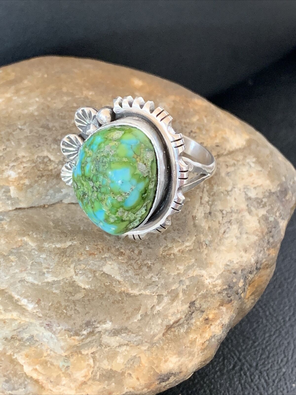 Women's Native American Navajo Sterling Silver Green Sonoran Turquoise Ring | Sz 9.5 | 10422
