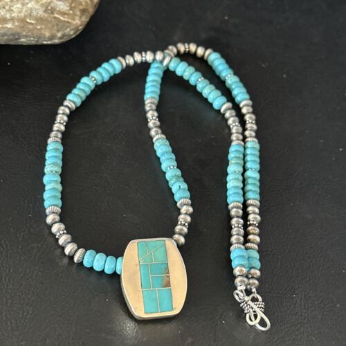 Navajo Blue Turquoise Inlay Pendant Necklace | Sterling Silver | 22" | Authentic Native American Handmade | 14602