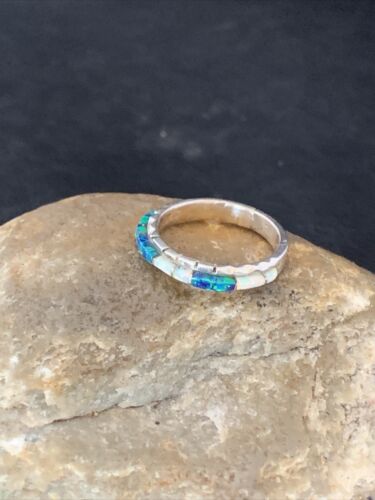 Navajo White Blue Opal Inlay Ring | Sterling Silver | Sz 8.5 | Authentic Native American Handmade | Yazzie | 10620