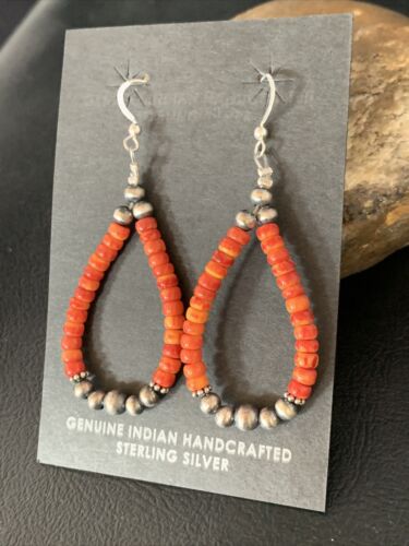 Navajo Red Spiny Oyster Hoop Earrings | Sterling Silver | Authentic Native American Handmade | 13499
