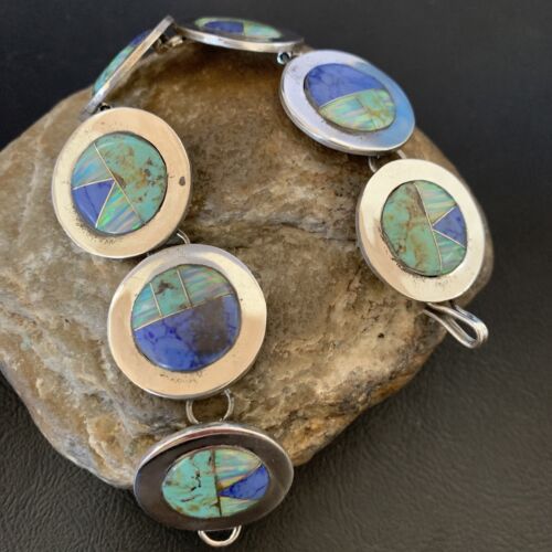 Navajo Opal Turquoise Blue Lapis Inlay Link Bracelet | Sterling Silver | 8" | Authentic Native American Handmade | 12654