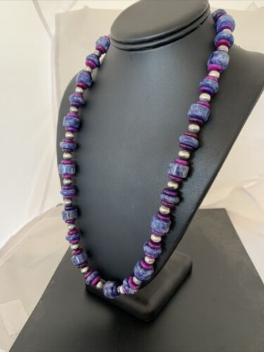 Men's Navajo | Denim Lapis Sugilite Beads Necklace | Sterling Silver | Authentic Native American Handmade | 20" | 10182