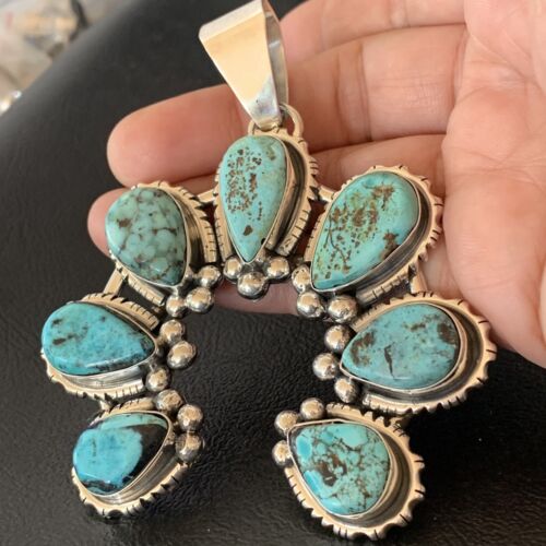 Navajo Spiderweb Turquoise Pendant | Authentic Native American Sterling Silver | Naja | 02224