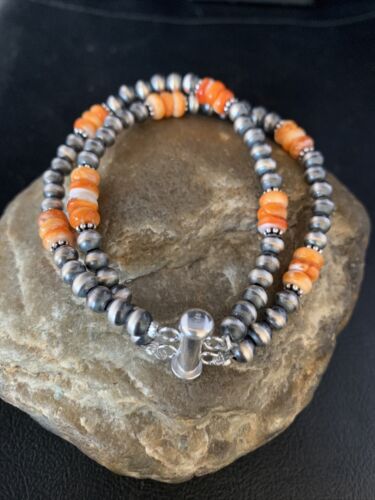 Navajo Pearls Sterling Silver Orange Spiny Oyster Bead Bracelet | 7.5" | Authentic Native American Handmade | 13801