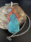 Navajo Pearl Spiderweb Turquoise Coral Pendant Necklace | Authentic Native American Sterling Silver | Multi-Stone | 11812