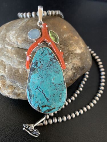 Navajo Pearl Spiderweb Turquoise Coral Pendant Necklace | Authentic Native American Sterling Silver | Multi-Stone | 11812