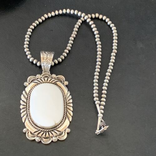 Men's Navajo White Buffalo Turquoise Pendant | Sterling Silver Necklace | Authentic Native American Handmade | 11591