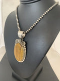 Men's Navajo Pearls Necklace with Sterling Silver Coffee Tigers Eye Pendant | Authentic Native American Handmade | 01771