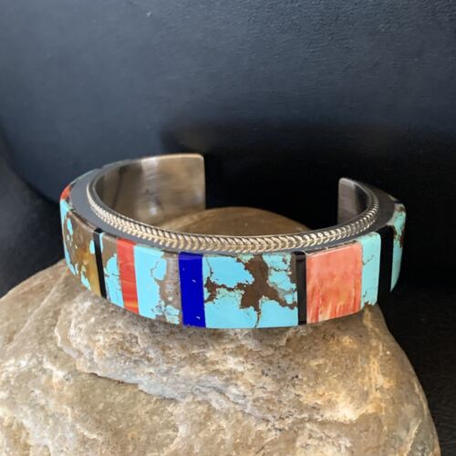 Men's Navajo Turquoise Spiny Lapis Inlay Bracelet | Sterling Silver | Authentic Native American Handmade | 12236