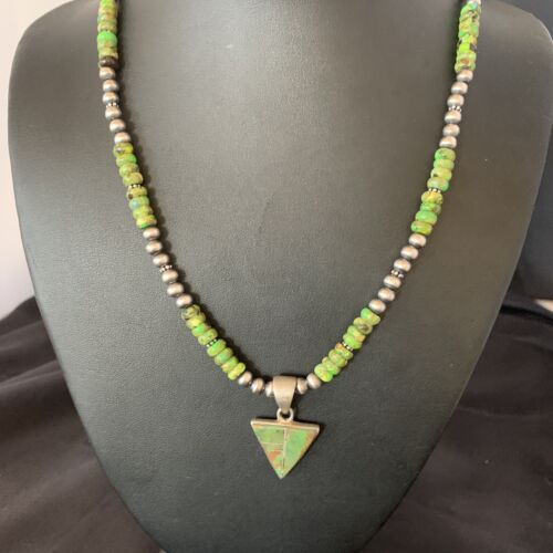 Navajo Green Gaspeite Turquoise Inlay Pendant | Sterling Silver | Authentic Native American Handmade | 13271