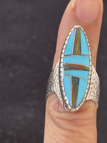 Navajo Multi-Color Opal & Turquoise Inlay Ring | Sterling Silver | Sz 7 | Authentic Native American Handmade | 1579