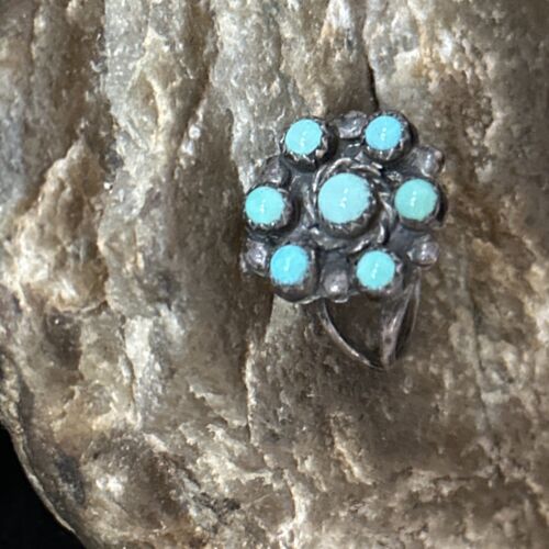 Zuni Blue Turquoise Cluster Ring | Authentic Native American Sterling Silver | Multi-Stone | Sz 7.5 | 14727