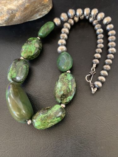 Navajo Chunky Graduated Natural Green Turquoise Necklace | Sterling Silver | Authentic Native American | 18" | 11770