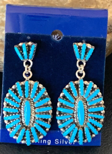 Zuni Handmade Kingman Turquoise Needle Point Dangle Earrings | Sterling Silver | 11622