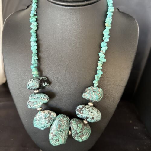 Navajo Blue Turquoise Nugget Necklace | Sterling Silver | Authentic Native American Handmade | 20" | 14419