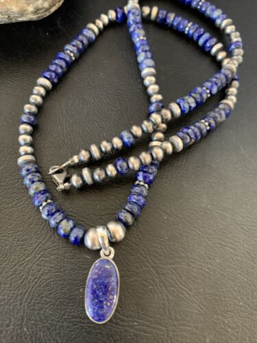 Native American Navajo Blue Lapis Pendant Necklace | Sterling Silver | Authentic Handmade | 12247 - Masha USA