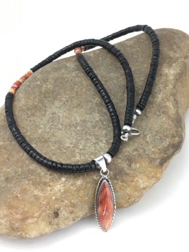 Spiny Oyster Pendant | Black Onyx Heishi | Navajo Sterling Necklace 22" | 4871