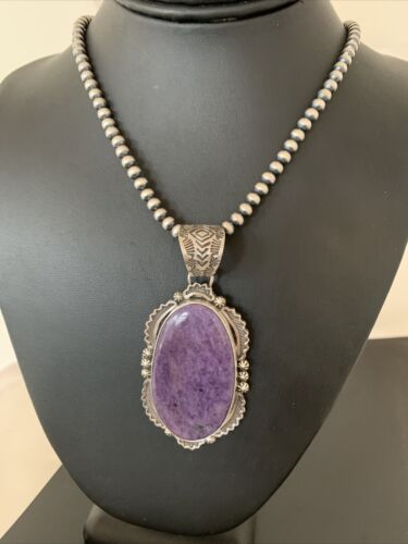 Southwestern Navajo Pearls Necklace | Sterling Silver Charoite Pendant | Authentic Native American Handmade | 1280