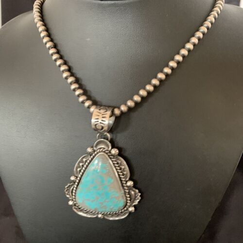 Navajo Pearls Sterling Silver Necklace with Blue Turquoise #8 Pendant | Authentic Native American Handmade | 11311