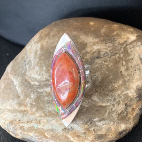 Navajo Red Spiny Oyster Opal Inlay Ring | Sterling Silver | Sz 6 | Authentic Native American Handmade | 12842
