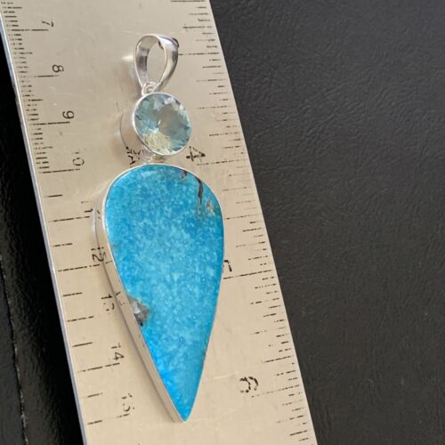 Navajo Blue Topaz Turquoise Pendant | Sterling Silver | 3" | Authentic Native American Handmade | 10709