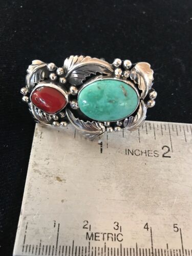 Navajo Royston Turquoise Coral Multi-Stone Men's Ring | Authentic Native American Sterling Silver | Sz 8 | 02218