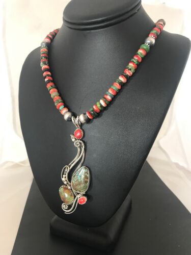 Navajo Turquoise #8 & Spiny Oyster Pendant Necklace | Sterling Silver | Native American Handmade | 8646