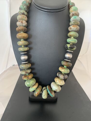 Navajo Pearl Sterling Silver Graduated Natural Green Turquoise Necklace | Authentic Native American | 23" | 00729