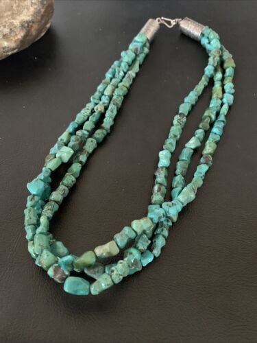 Navajo Green Turquoise Bone Bead Necklace | 3 Strand | Sterling Silver | 01992
