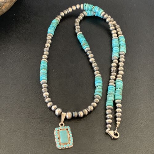 Navajo Blue Turquoise Cluster Pendant Necklace | Sterling Silver | 21" | Authentic Native American Handmade | 12578