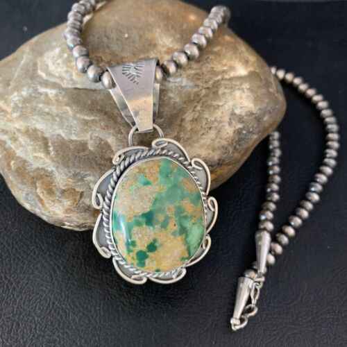 Men's Royston Turquoise Necklace Pendant | Navajo Pearls | Sterling Silver | Authentic Native American Handmade | 14005