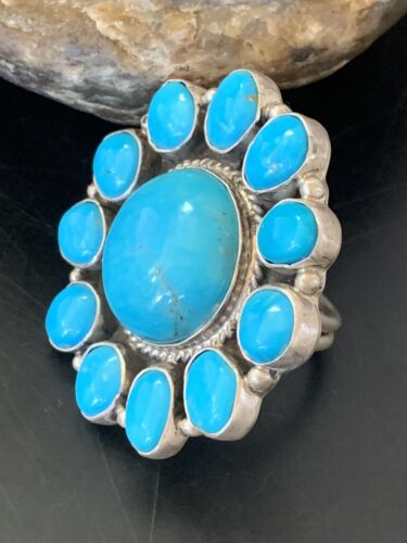 Navajo Blue Kingman Turquoise Cluster Ring | Authentic Native American Sterling Silver | Multi-Stone | Sz 7.5 | 11529