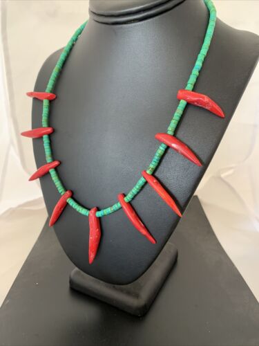 Navajo Turquoise Coral Chili Pepper Necklace | Sterling Silver | Graduated Beads | 20" | 00827